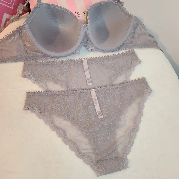 VS Dream Angels 3pc Bra & Panties Set Size 34E/med ☆ Gray Dotted Lace - Picture 4 of 7